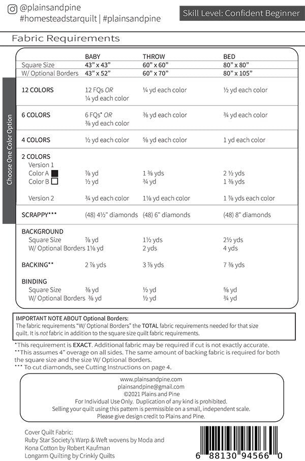 Homestead Star Quilt Pattern, Plains and Pine PP002, Yardage Friendly Pattern, Baby Throw Bed Quilt Pattern