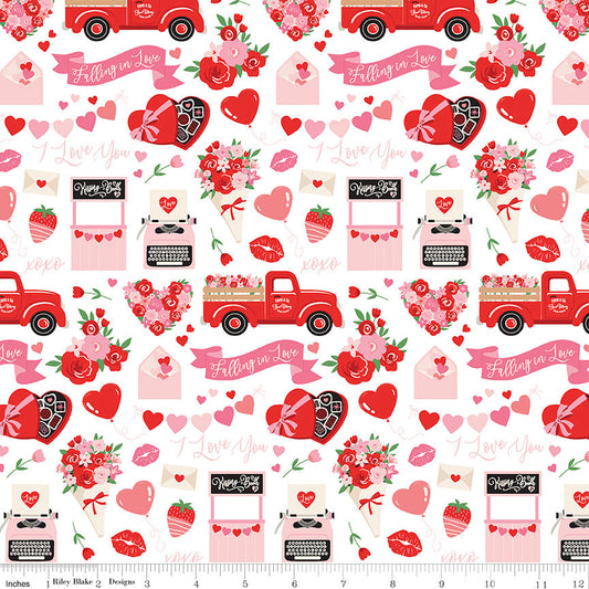 LAST CALL Falling in Love - Main White Valentine's Day Fabric, Riley Blake C11280-White, Dani Mogstad, By the Yard