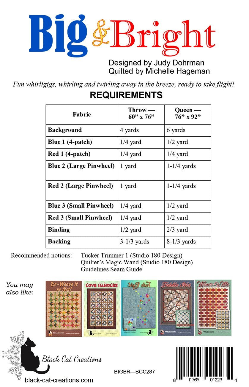 LAST CALL Big and Bright Quilt Pattern, Deb's Cats N Quilts Bigbr-BCC287, Friendship Star Patriotic Quilt Pattern, Yardage Friendly, QOV