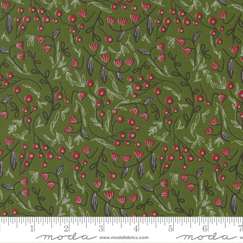 Merrymaking - Winter Berries Floral Red Green Metallic Fabric, Moda 48344 14M, Christmas Xmas Quilt Fabric, Gingiber, By the Yard