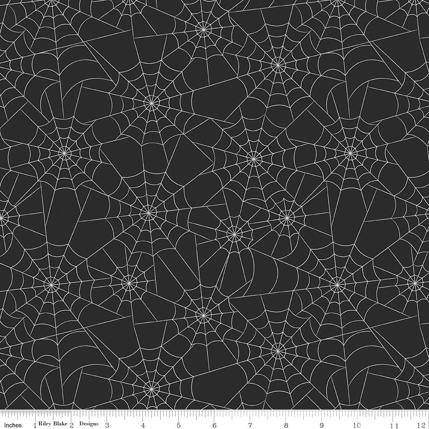 LAST CALL Bad to the Bone - Silver Sparkle Metallic Spider Web Black Halloween Fabric, Riley Blake SC11922-Black, By the Yard