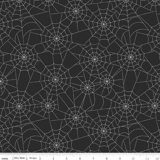 LAST CALL Bad to the Bone - Silver Sparkle Metallic Spider Web Black Halloween Fabric, Riley Blake SC11922-Black, By the Yard