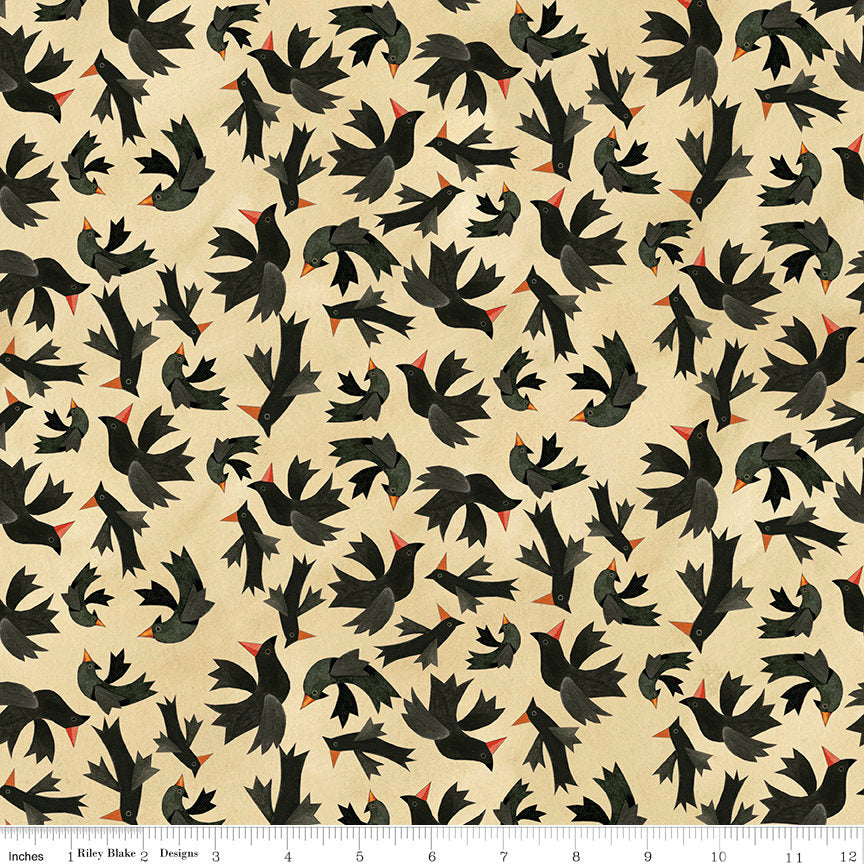 LAST CALL Halloween Whimsy - Halloween Crows on Beige Cream Fabric, Riley Blake C11822-Parchment, Crow Fabric, Teresa Kogut, By the Yard