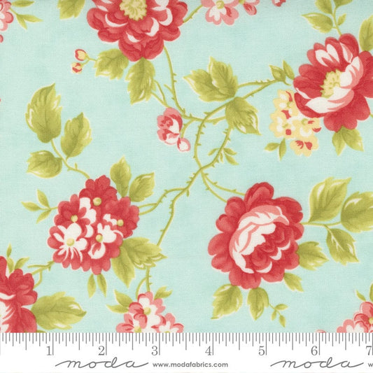 LAST CALL Stitched - Cottage Roses on Blue Floral Fabric, Moda 20430 15, Gradma Chic Cottagecore Fabric, Fig Tree Quilts, By the Yard