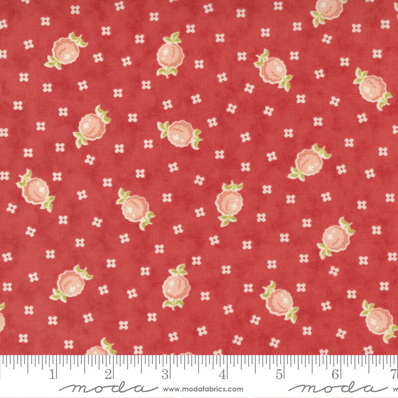 LAST CALL Stitched - Small Floral Raspberry Pink Flowers on Red Fabric, Moda 20431 14, Cotton Fabric, Fig Tree, By the Yard