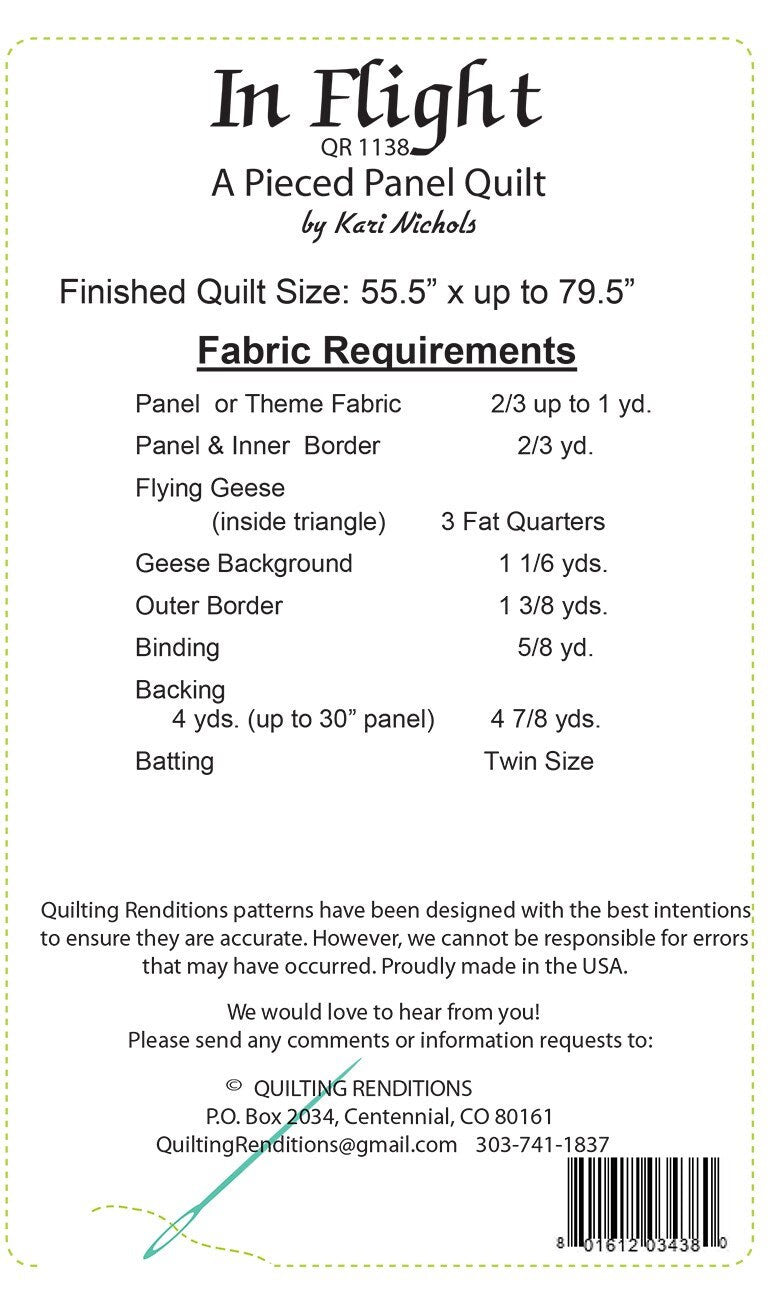 In Flight Quilt Pattern, Quilting Renditions QR1138, Fabric Panel Friendly Throw Quilt Pattern, Flying Geese Panel Frame Pattern