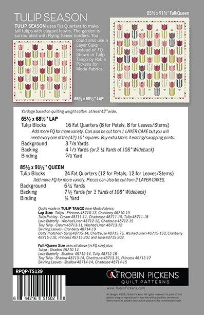 Tulip Season Quilt Pattern, Robin Pickens RPQP-TS139, Fat Quarter FQ Layer Cake Friendly, Tulips Flowers Modern Lap Throw Quilt Pattern