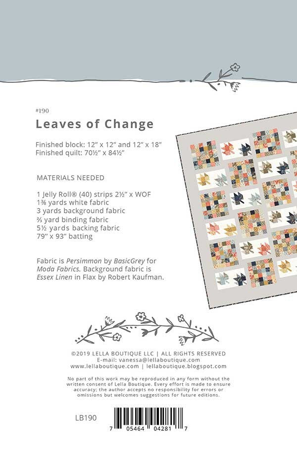 Leaves of Change Quilt Pattern, Lella Boutique LB190, Jelly Roll Strip Friendly, Autumn Fall Leaves Throw Quilt Pattern