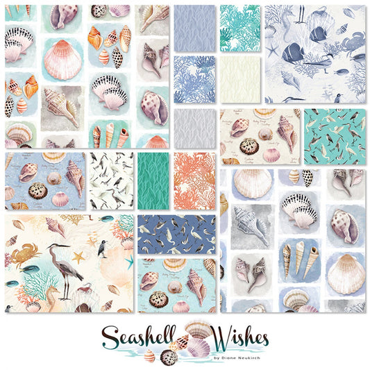 LAST CALL Seashell Wishes 17 Piece Fat Quarter Bundle, Clothworks FQ0364, Beach Ocean Coastal Shells Birds Fabric, 18 x 22 Fabric Cuts