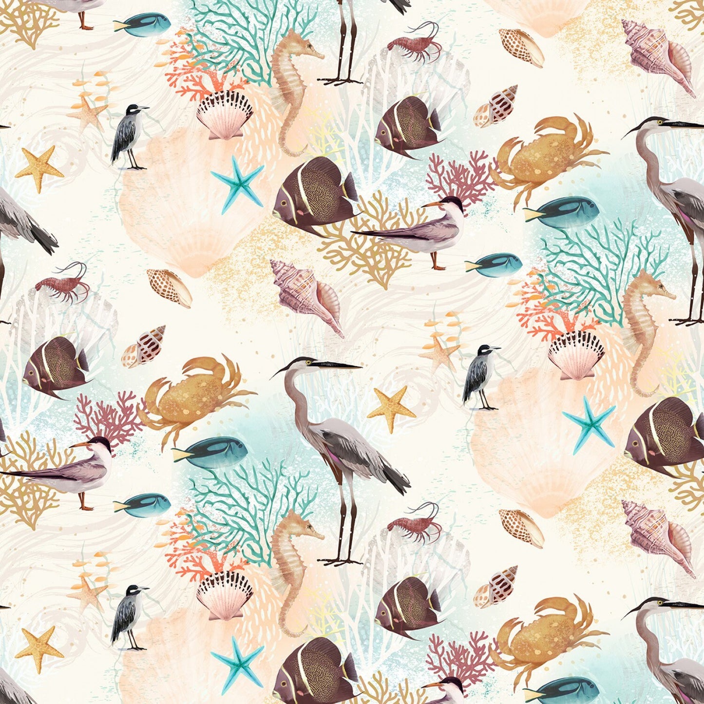 LAST CALL Seashell Wishes 17 Piece Fat Quarter Bundle, Clothworks FQ0364, Beach Ocean Coastal Shells Birds Fabric, 18 x 22 Fabric Cuts