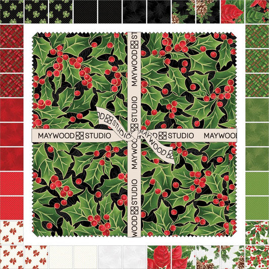 LAST CALL Evergreen Bows 10" Squares, Maywood Studio Sq-MASEVB, 10" Inch Precut Christmas Xmas Fabric Squares with Gold Metallic