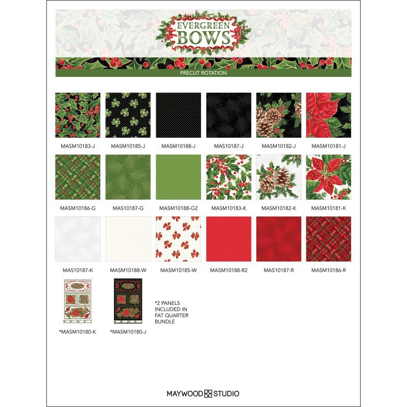 LAST CALL Evergreen Bows 10" Squares, Maywood Studio Sq-MASEVB, 10" Inch Precut Christmas Xmas Fabric Squares with Gold Metallic