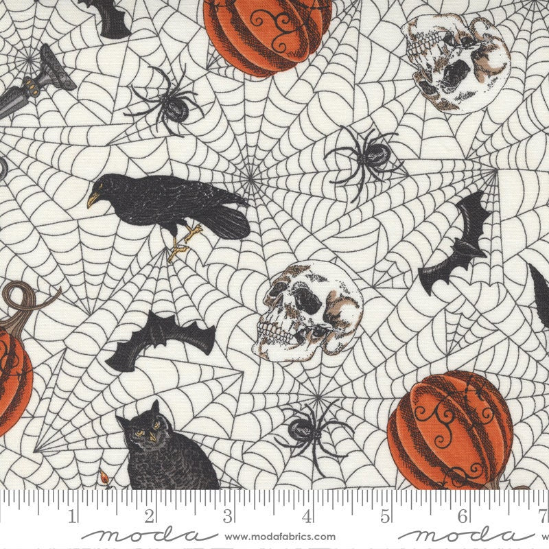 LAST CALL Ghostly Greetings - Bone White Halloween Toss Fabric, Moda 56041 11, Cream Black Orange Halloween Fabric, By the Yard