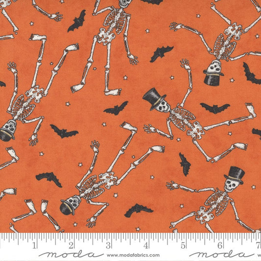 LAST CALL Ghostly Greetings - Pumpkin Halloween Skeleton Fabric, Moda 56042 12, Orange Dancing Skeletons Halloween Fabric, By the Yard