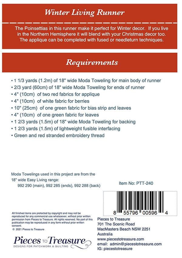 LAST CALL Winter Living Table Runner Pattern, Pieces to Treasure PTT240, Christmas Poinsettia Applique Runner Pattern