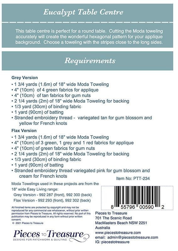 LAST CALL Eucalypt Table Center Pattern, Pieces to Treasure PTT234, Moda Toweling Table Topper Pattern, Leaves Vines Applique Pattern