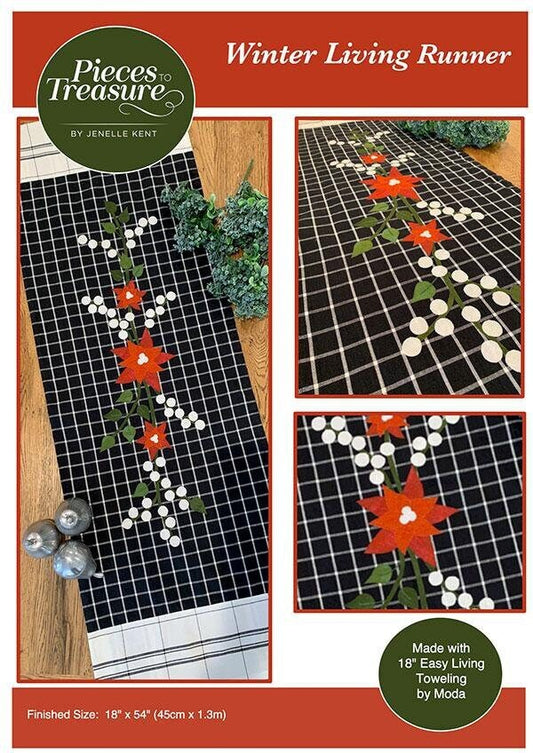 LAST CALL Winter Living Table Runner Pattern, Pieces to Treasure PTT240, Christmas Poinsettia Applique Runner Pattern