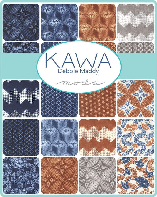 Kawa Charm Pack, Moda 48080PP, 5" Inch Precut Fabric Squares, Indigo Blue Rust Gray Fabric Squares, Shibori Tie Dye Look, Debbie Maddy