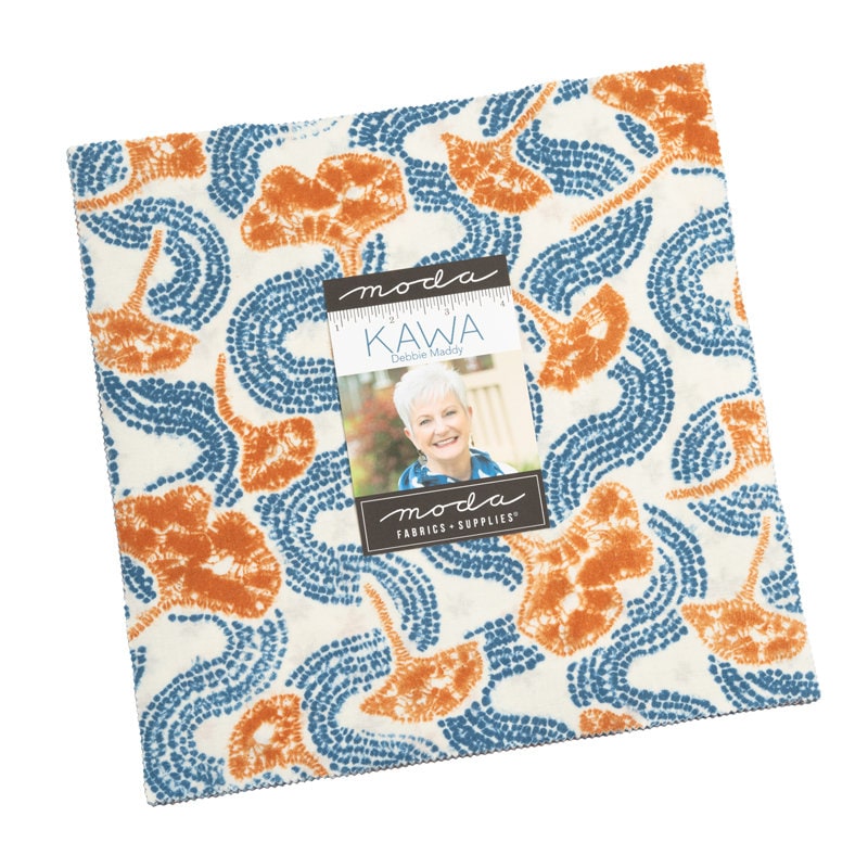 LAST CALL Kawa Layer Cake, Moda 48080LC, Blue Rust Gray Fabric Shibori Tie Dye Look Fabric, 10" Inch Precut Fabric Squares, Debbie Maddy