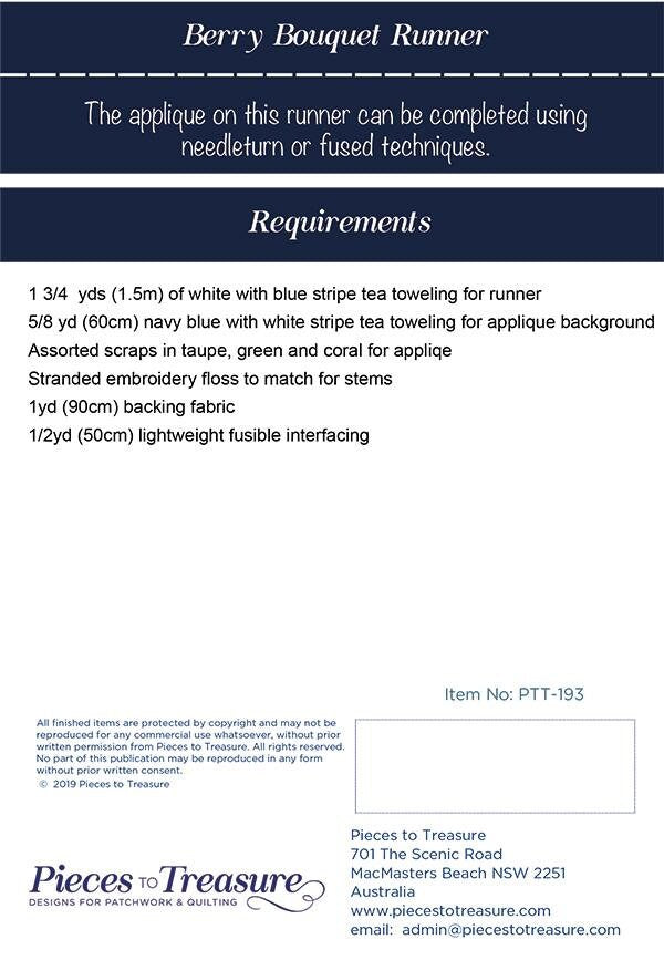 LAST CALL Berry Bouquet Table Runner Pattern, Pieces to Treasure PTT193, Moda Toweling Floral Applique Table Runner Pattern