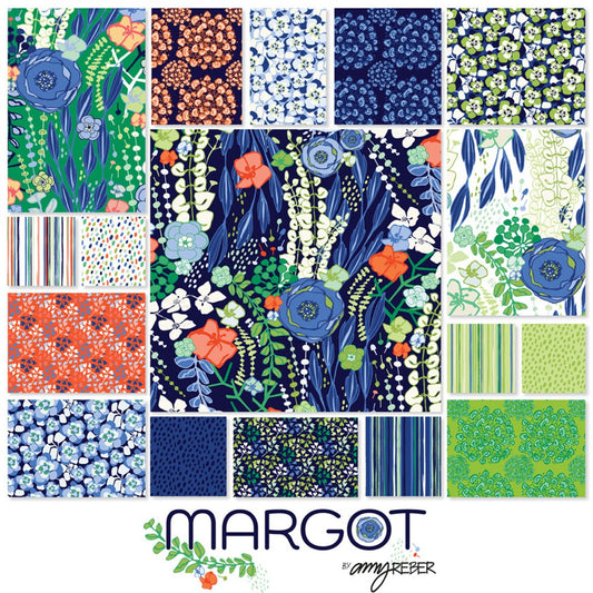 Margot 17 Piece Fat Quarter Bundle, Clothworks FQ0390, Blue Coral Green Floral Cotton Quilt Fabric, 18 x 22 Fabric Cuts