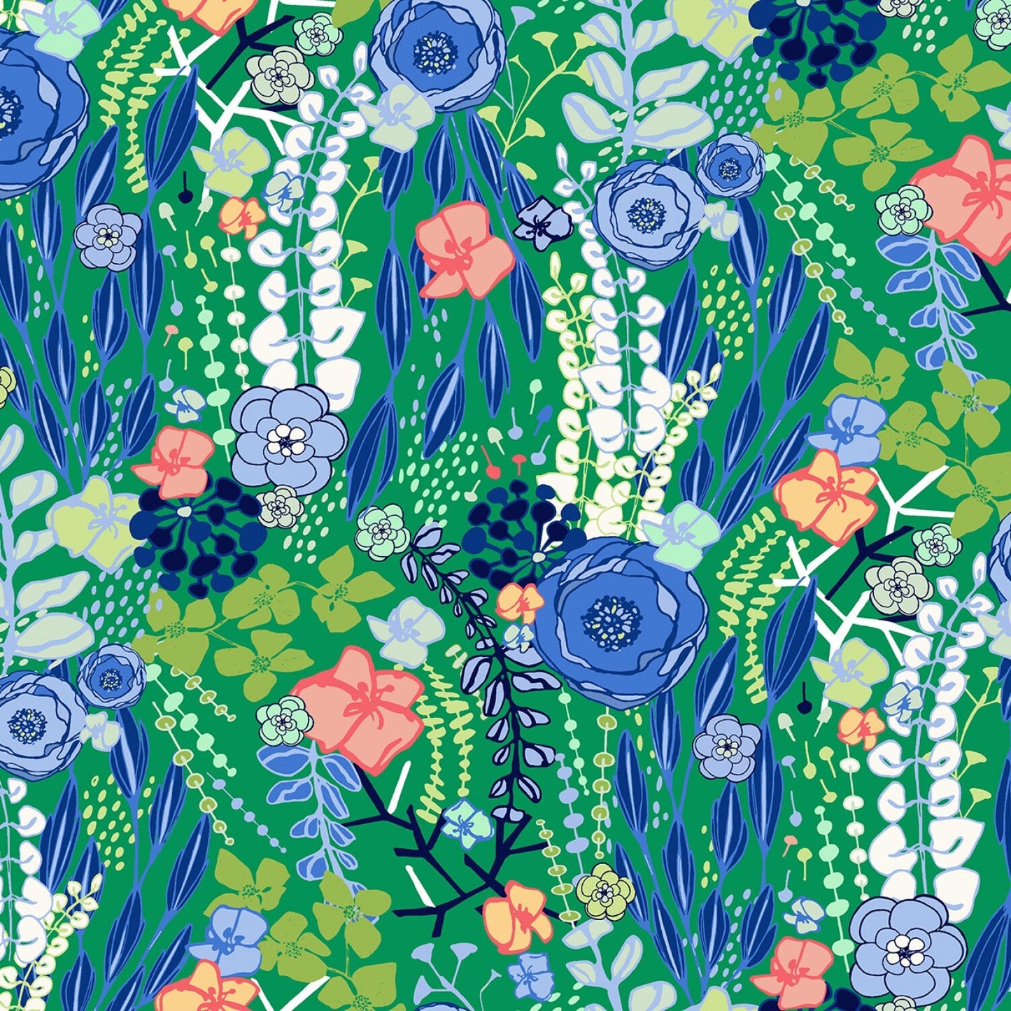 Margot 17 Piece Fat Quarter Bundle, Clothworks FQ0390, Blue Coral Green Floral Cotton Quilt Fabric, 18 x 22 Fabric Cuts