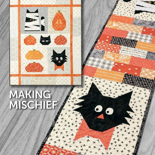 Making Mischief Table Runner Quilt Pattern, Atkinson Designs ATK-210, Fat Quarter FQ Friendly Pattern, Halloween Cat Pumpkin Quilt Pattern