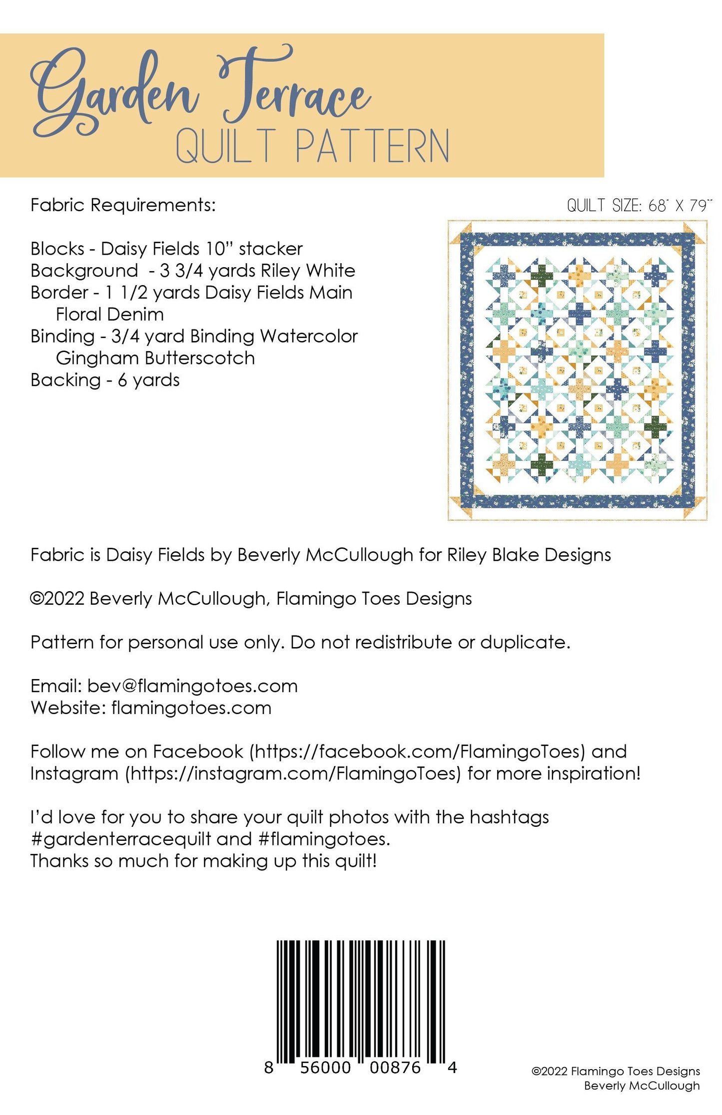 LAST CALL Garden Terrace Quilt Pattern, Flamingo Toes FT-8764, Layer Cake Friendly, Crosses Xs Throw Quilt Pattern, Beverly McCullough