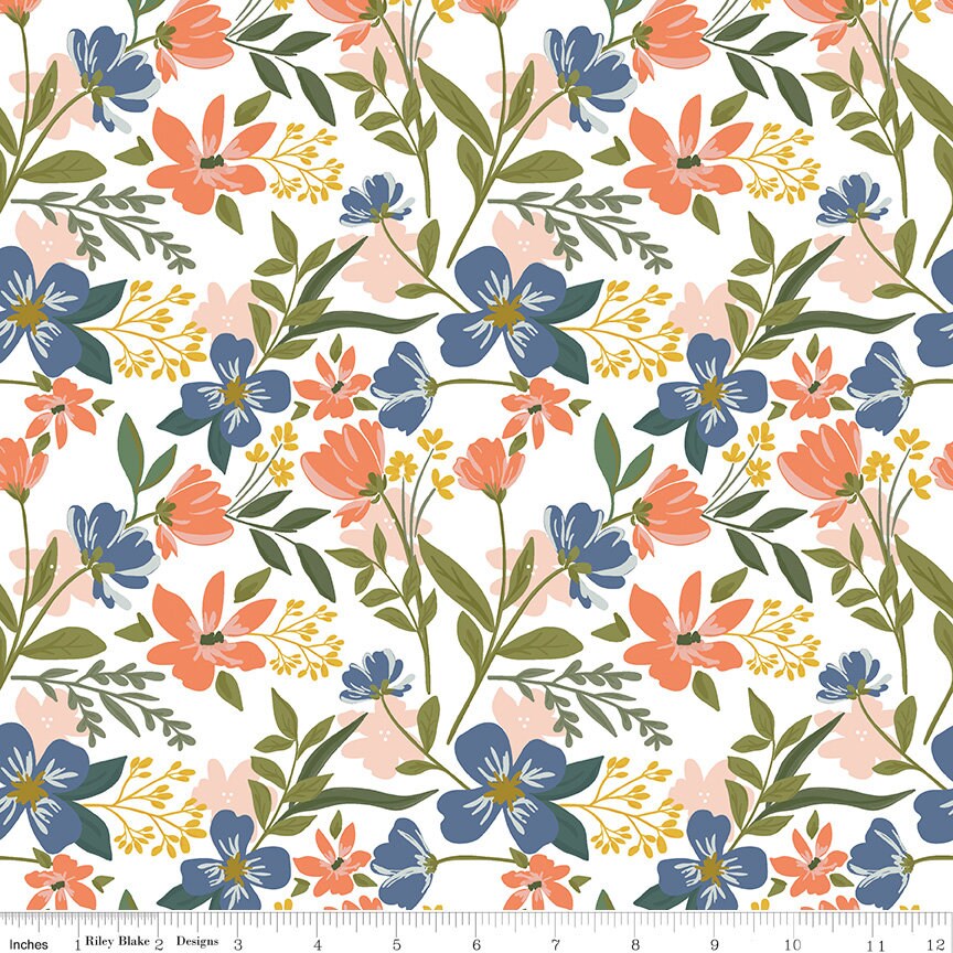 LAST CALL With A Flourish 1-Yard Fabric Bundle Cream, Riley Blake 1YD-12730C-7, Peach Blue Gold Green Fabric, Simple Simon