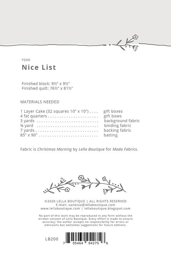 Nice List Quilt Pattern, Lella Boutique LB200, Layer Cake Fat Quarter FQ Scrap Friendly, Christmas Xmas Gift Boxes Throw Quilt Pattern