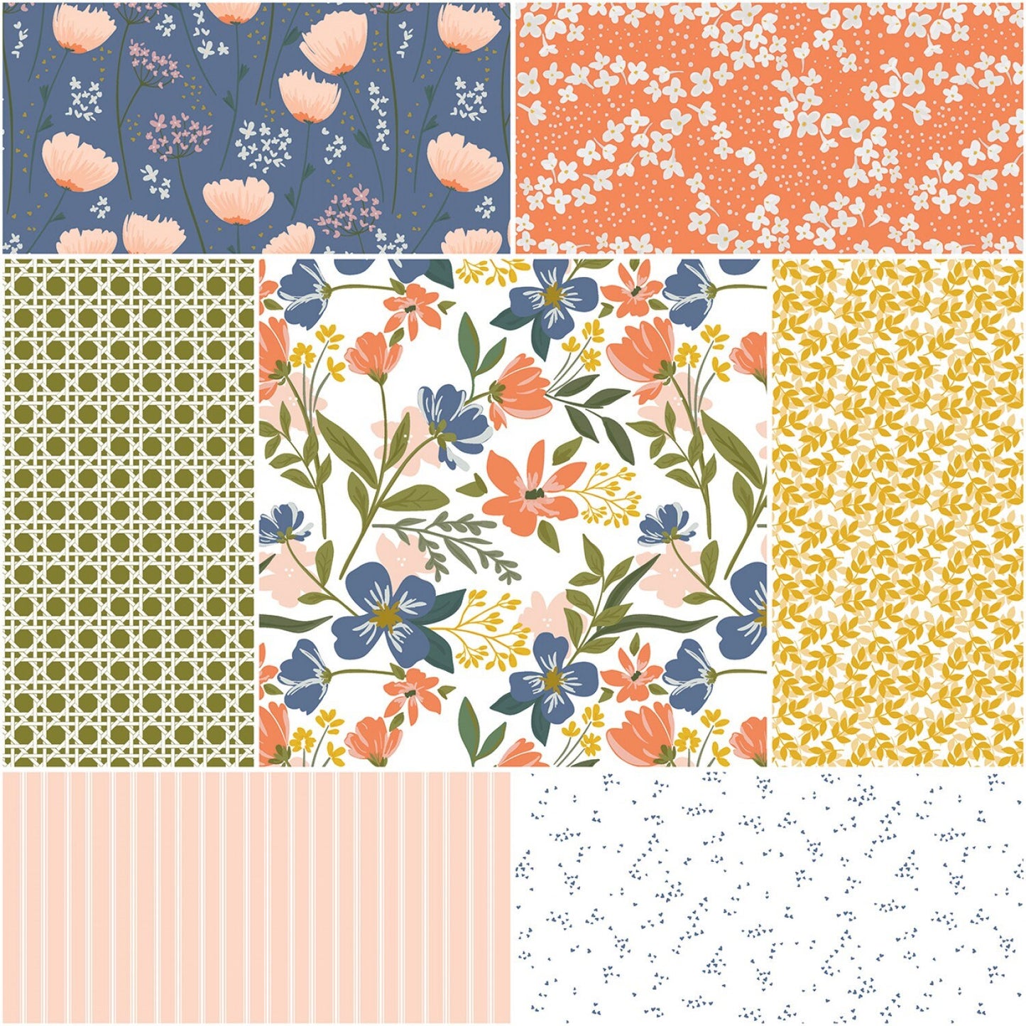 LAST CALL With A Flourish 1-Yard Fabric Bundle Cream, Riley Blake 1YD-12730C-7, Peach Blue Gold Green Fabric, Simple Simon