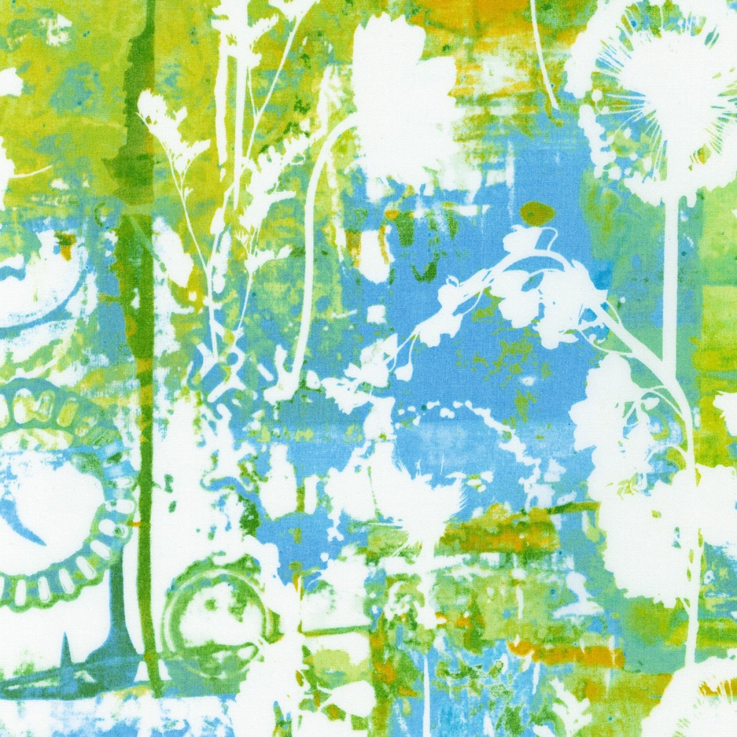 LAST CALL Prairie Song - Botanical Blue Green White Abstract Dandelion Fabric, Robert Kaufman ANJ-21333-56 Pond, By the Yard