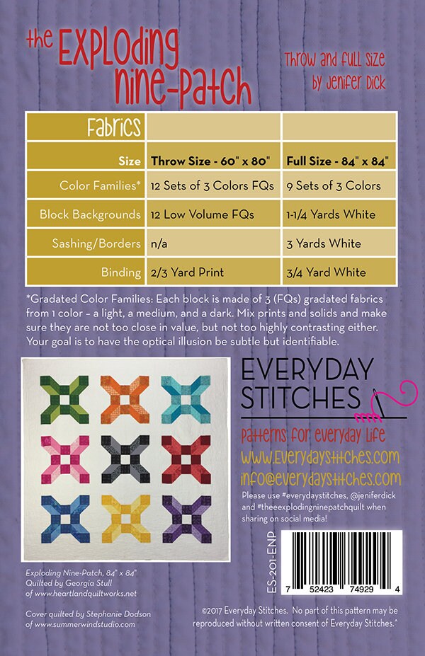 LAST CALL Exploding Nine Patch Quilt Pattern, Everyday Stitches ES-201-Enp, Fq Fat Quarter Friendly, Easy Throw Full Bed Quilt Pattern