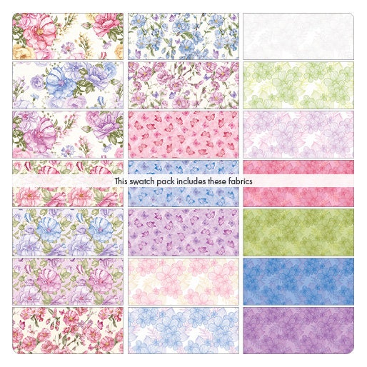 LAST CALL Judys Bloom 10" Squares, Benartex JUD10PK, Pink Blue Lavender Floral Fabric, 10" Inch Precut Fabric Squares, Eleanor Burns