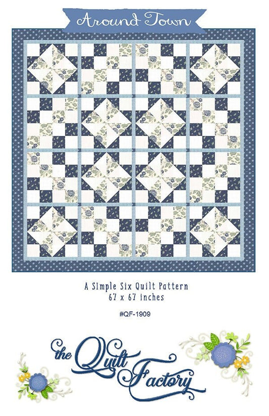 Around Town Quilt Pattern, The Quilt Factory QF 1909, Simple Six 6 Yard Quilt Pattern, Yardage Friendly, Square Throw Lap Quilt Pattern