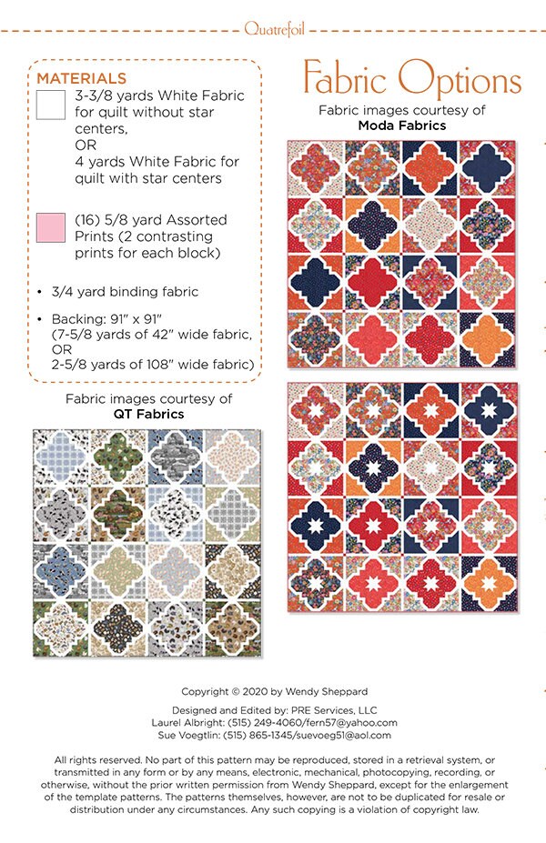 Quatrefoil Quilt Pattern, Wendy Sheppard WS10, Yardage Friendly Pattern, Square Bed Quilt Pattern