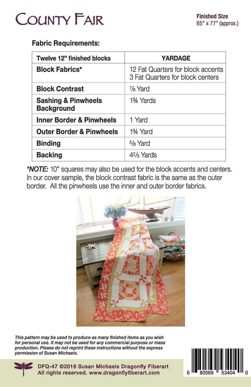 LAST CALL County Fair Quilt Pattern, Dragonfly Fiberart Dfq-47, Fat Quarter FQ Friendly Churn Dash Throw Quilt Pattern