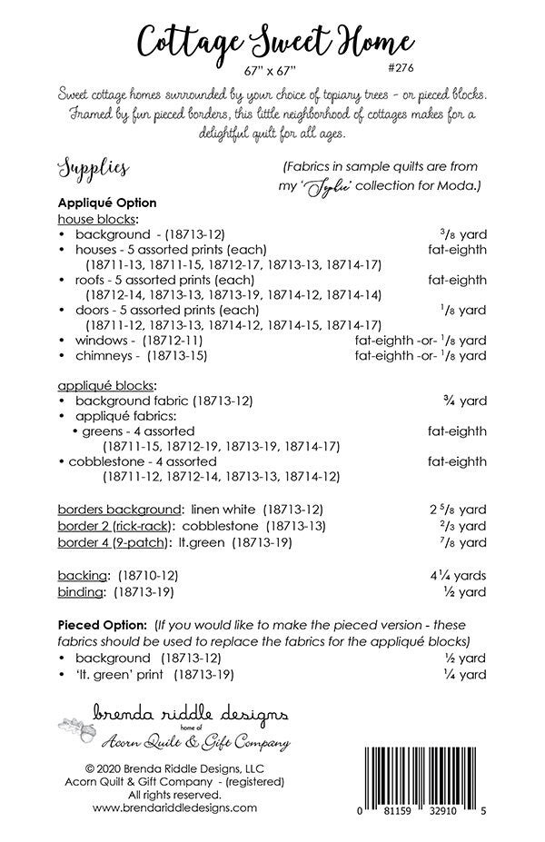 LAST CALL Cottage Sweet Home Quilt Pattern, Acorn Quilt and Gift AQG276, Fat Eighths Friendly, Houses Applique Quilt Pattern, Brenda Riddle