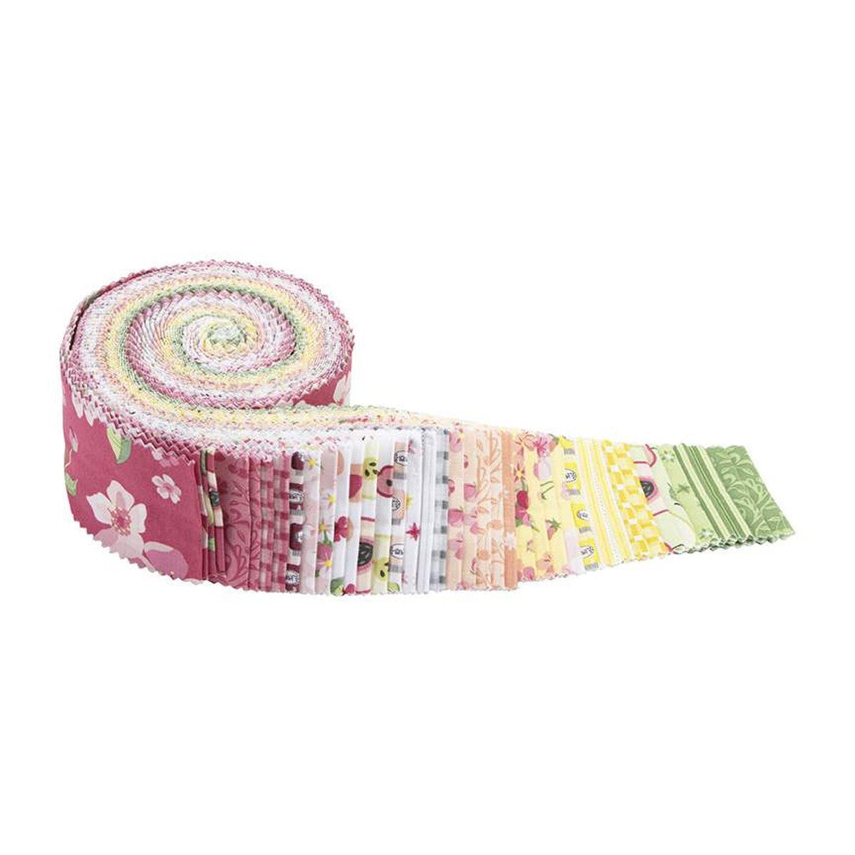 LAST CALL Orchard Rolie Polie, Riley Blake RP-13150-40, 2.5" Precut Fabric Strips, Pink Yellow Green Fruit Floral Quilt Fabric, Finley