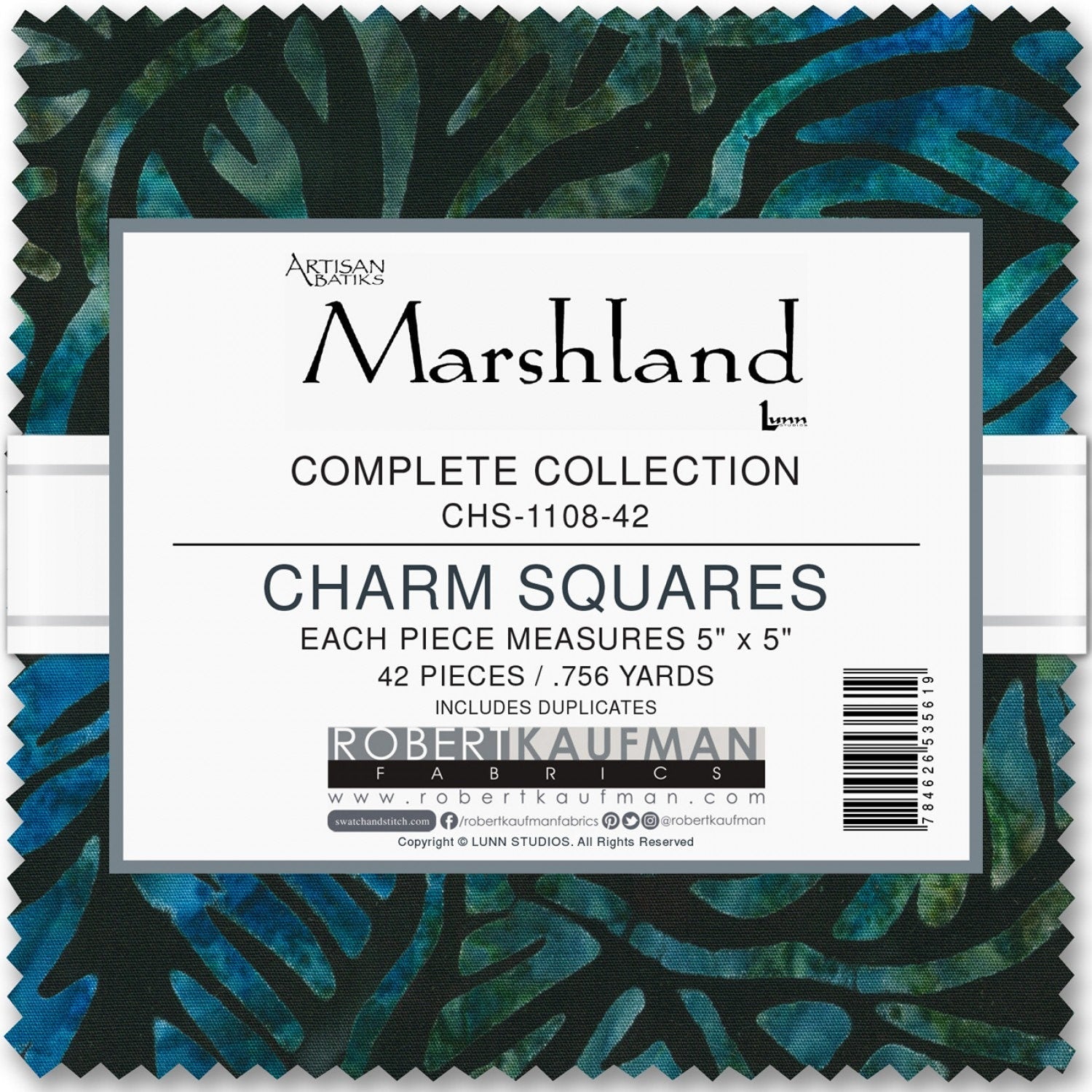 LAST CALL Marshland Batik Charm Squares, Robert Kaufman CHS-1108-42, Green Brown Blue Leaves Batik Charm Pack, 5" Inch Precut Fabric Squares