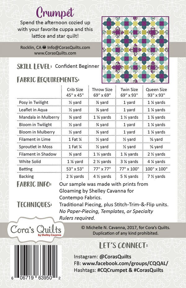 Crumpet Quilt Pattern, Cora's Quilts CQ1711, Yardage Friendly, Baby Throw Twin Queen Bed Quilt Pattern, Multiple Sizes Quilt Pattern