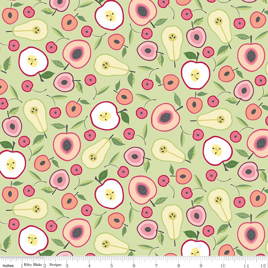 LAST CALL Orchard Rolie Polie, Riley Blake RP-13150-40, 2.5" Precut Fabric Strips, Pink Yellow Green Fruit Floral Quilt Fabric, Finley