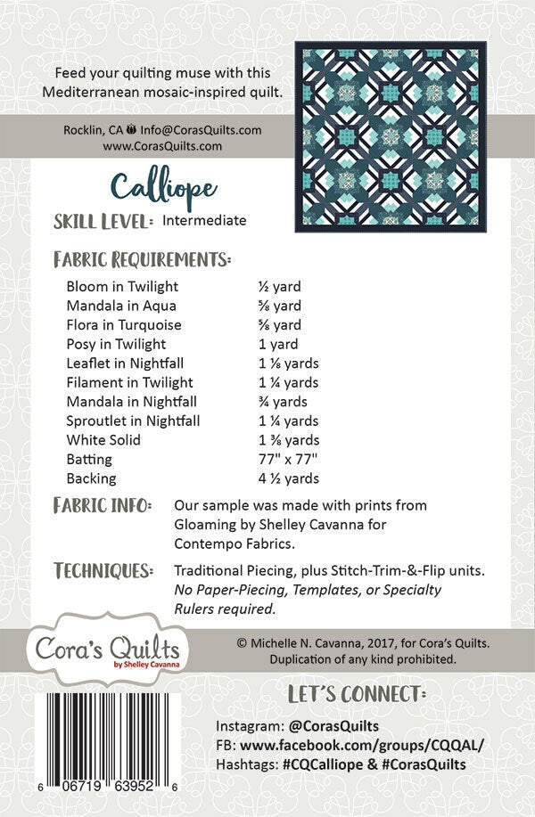 LAST CALL Calliope Quilt Pattern, Cora's Quilts CQ1714, Yardage Friendly, Lattice Square Throw Quilt Pattern