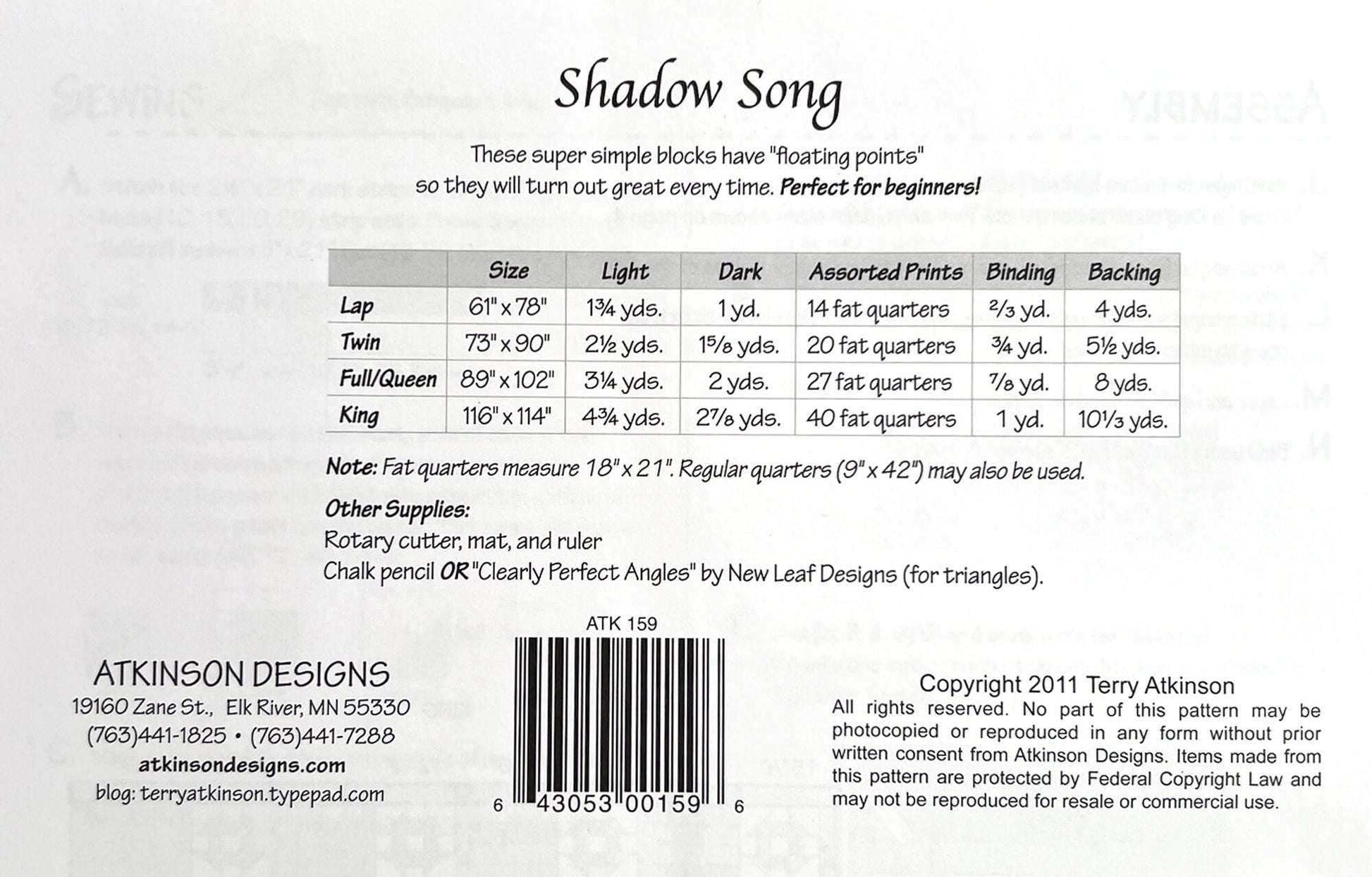 LAST CALL Shadow Song Quilt Pattern, Atkinson Designs ATK159, FQ Fat Quarter Friendly Pattern, Easy Lap Twin Full Queen King Quilt Pattern