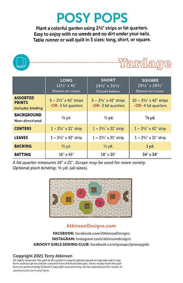 Posy Pops Flower Table Runner Topper Quilt Pattern, Atkinson Designs ATK209, Yardage Friendly, Long Short Square Table Quilt Pattern