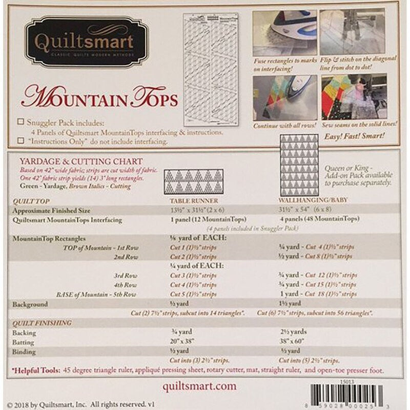 LAST CALL Mountain Tops Snuggler Pack Quilt Pattern, Quiltsmart QS 15013, Printed Fusible Interfacing