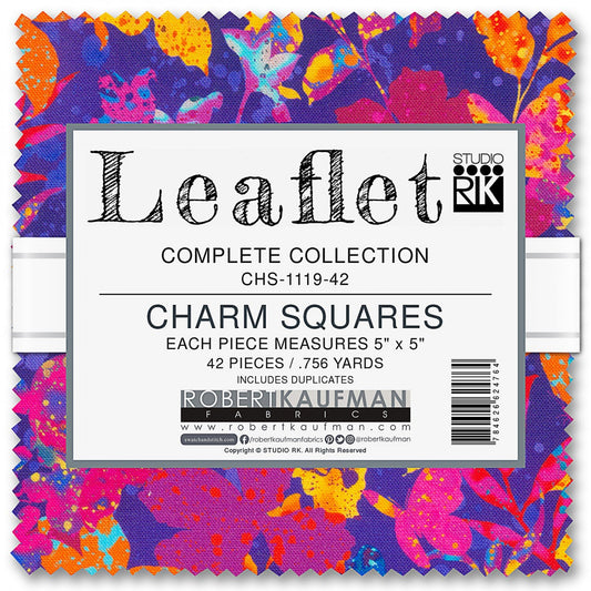 Leaflet Charm Squares, Robert Kaufman CHS-1119-42, 5" Inch Precut Fabric Squares, Vibrant Abstract Floral Butterflies Leaves Charm Pack