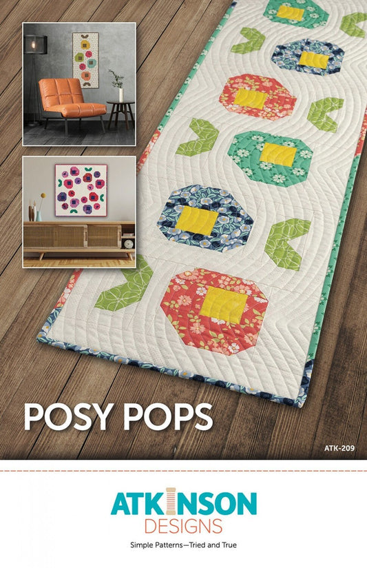 Posy Pops Flower Table Runner Topper Quilt Pattern, Atkinson Designs ATK209, Yardage Friendly, Long Short Square Table Quilt Pattern