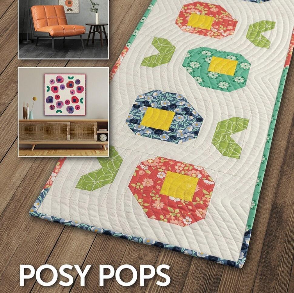 Posy Pops Flower Table Runner Topper Quilt Pattern, Atkinson Designs ATK209, Yardage Friendly, Long Short Square Table Quilt Pattern