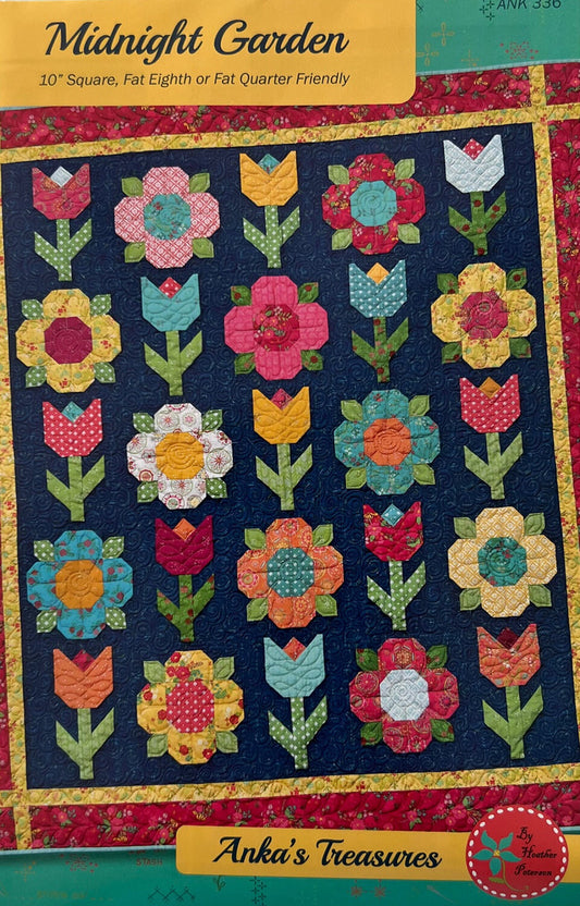 Midnight Garden Quilt Pattern, Anka's Treasures ANK336, Layer Cake Fat Eighths Quarters Friendly, Spring Flowers Throw Quilt Pattern
